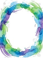 Watercolor oval frame with blue green purple brushstrokes and geometric elements on white background for creative design projects.