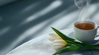 White ceramic cup of hot steaming tea with fresh tulip flower on white linen tablecloth in soft morning light, creating peaceful atmosphere.