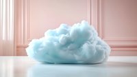 Surreal floating blue cloud in minimalist pink interior with classic molding on wall. Dreamy atmospheric scene with soft lighting and reflective floor.