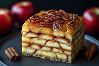 Layered caramel apple dessert with pecan topping, cinnamon sticks and fresh red apples on dark plate, close up view of sweet autumn treat with cookie base.