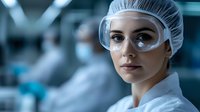 Young female scientist in protective goggles and hairnet looking focused while working in modern laboratory environment with blue toned lighting and blurred background.