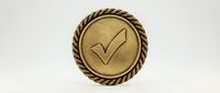 Golden bronze medal with checkmark symbol and rope border on white background for awards, achievements, and certification designs.