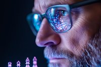 Close up of glasses reflecting digital chess game data in blue neon light, showing strategic gameplay and modern technology integration in classic board game.