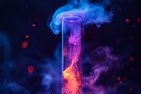 Glowing test tube with colorful liquid and smoke creating magical scientific atmosphere against dark background with bokeh lights and mystical vapor effects.