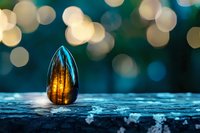 Glowing amber seed pod on wet surface against dark background with dreamy bokeh lights creating magical nature atmosphere. Macro photography for artistic design.
