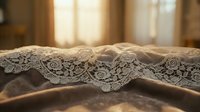 Delicate lace trim with intricate floral patterns rests on soft fabric, illuminated by warm natural light from windows, perfect for wedding, bridal, and textile design projects.
