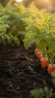 Fresh organic carrots growing in rich dark soil with green leafy tops in warm sunlight for healthy vegetable garden and sustainable farming concepts.