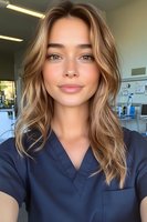 Young Caucasian female healthcare worker in navy blue scrubs takes selfie at medical office. Natural makeup, wavy blonde hair, and professional appearance suitable for medical setting.