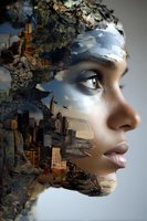 Creative profile portrait with urban cityscape elements blended into facial features, representing connection between humanity and environment in conceptual art.