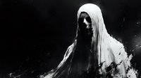 Haunting monochrome figure in white shroud emerges from darkness with dramatic shadows and ethereal atmosphere, creating supernatural horror mood for gothic design projects.