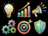 Lightbulb idea, growth chart with arrow, megaphone speaker, gears cogs, target bullseye with arrow, and shield badge isolated on transparent background. Ready for t-shirt design, clipart, stickers, print-on-demand products, and sublimation projects.