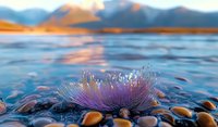 Purple sea anemone on pebble beach at sunset, with waves and mountain silhouettes in background creating dreamy coastal atmosphere. Macro nature photography.