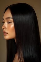 Profile portrait of young Asian woman with long straight black hair, glowing skin, and natural makeup against brown background. Professional beauty and haircare concept.
