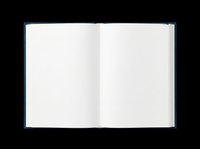 Open hardcover book with blank white pages and navy blue cover, isolated on transparent background. Ready for stickers, clipart, t-shirt design, and print on demand.