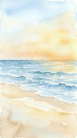Serene coastal landscape with golden sunrise over calm ocean waves and sandy beach, watercolor painting style for wall art and home decor.
