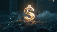 Glowing dollar sign illuminated against dark background with mystical fog and particles, symbolizing wealth, financial success and monetary power.