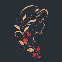 Elegant female profile silhouette with flowing hair transformed into floral elements, featuring red flowers and golden leaves on dark background. For beauty salon logos.