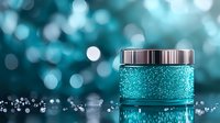 Luxurious turquoise cosmetic cream jar with glitter particles on dark background with bokeh lights, skincare and beauty product photography styling.
