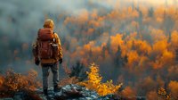 Hiker with backpack standing on rocky cliff edge overlooking vibrant autumn forest with golden and orange foliage during sunset.
