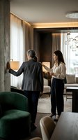 Two professional women discussing business plans in modern luxury apartment with concrete walls and contemporary furniture for corporate meetings.