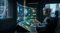 Young blonde woman operating futuristic holographic interface in high-tech control room with glowing blue displays and advanced technology systems.
