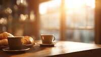Morning coffee and croissants on wooden table with warm sunlight streaming through window, creating cozy cafe atmosphere.