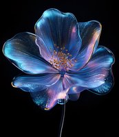 Luminescent flower with glowing blue and pink petals against black background, featuring ethereal sparkles and golden stamen details. Artistic botanical creation.