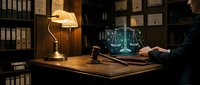 Professional lawyer working late in traditional law office with gavel and scales of justice hologram, reviewing legal documents and case files.