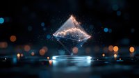Glowing geometric pyramid with connected nodes and particles floating above illuminated platform against dark background with bokeh lights.