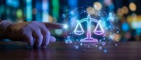 Hand pointing at glowing digital justice scales with network connections and data icons representing legal technology and digital law services.