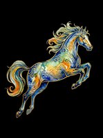 Ornate rearing horse with blue and gold watercolor patterns, isolated on transparent background, ready for stickers, sublimation, t-shirt design, and print on demand.