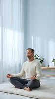 Middle-aged man with beard meditating in lotus position on mat in bright minimalist room with sheer curtains and potted plant, promoting wellness and mindfulness practices.