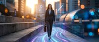 Professional businesswoman walking on futuristic digital pathway with glowing circuit patterns in modern city during golden hour sunset.