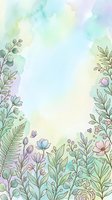 Soft watercolor floral frame with pastel green leaves, wildflowers, and berries on a dreamy mint background, perfect for cards and invitations.