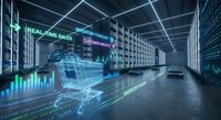 Digital shopping cart with holographic data analytics in futuristic retail technology environment for e-commerce business intelligence solutions.