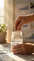 Senior hands putting coin into retirement fund jar on desk with financial charts and documents in warm sunlight for future planning and savings goals.