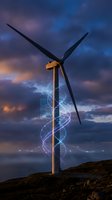 Wind turbine with glowing DNA helix spiral against dramatic twilight sky representing renewable energy and genetic innovation for sustainable future technology.