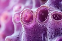 Microscopic view of biological cell structure in vibrant purple tones showing detailed membrane surface with visible pores and cellular components. Medical research concept.