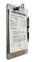 Clipboard with handwritten laboratory experiment notes, tissue sample analysis data, reagent measurements, and observation instructions dated 2023-10-20, featuring coffee stains and sketches for scientific research and educational use.
