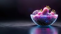 Fresh berries in glowing glass bowl with neon blue light effect against dark background, dramatic food photography with vibrant colors and reflections.