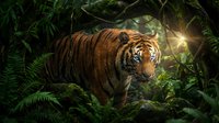 Majestic orange tiger with black stripes prowling through dense tropical rainforest with sunlight filtering through green ferns and jungle foliage.