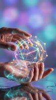 Hands holding glowing digital network sphere with connected nodes and lines against blurred purple and cyan background, representing technology, innovation, and data connectivity.