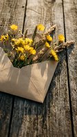 Yellow wildflowers and wheat stems in kraft paper envelope on rustic wooden planks creating natural autumn arrangement for greeting cards and seasonal decor.