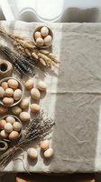 Natural farm fresh eggs in wooden bowls with dried wheat and lavender bundles on linen fabric creating rustic organic kitchen scene with copy space.