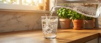 Water pouring into glass on wooden counter with potted plants and sunlit window, hydration and wellness concept for kitchen and lifestyle design.