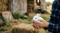 White rabbit held in hands of person wearing plaid shirt in rural farm setting with wooden structures and natural daylight background.