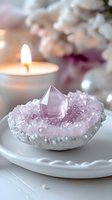 Rose quartz crystal point on pink amethyst cluster with glowing candle in background creating peaceful spiritual atmosphere for meditation and healing practices.