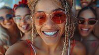 Young diverse friends wearing trendy sunglasses smile brightly at sunset, capturing joyful summer vibes and friendship in warm golden light.