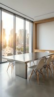 Modern office conference room with floor-to-ceiling windows overlooking city skyline at sunset, featuring minimalist white table, wooden chairs, and natural light for corporate meetings.