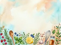 Watercolor cooking background with fresh herbs, berries, citrus, garlic, and kitchen utensils arranged on soft pastel wash. Ideal for food blogs, recipes, culinary designs.